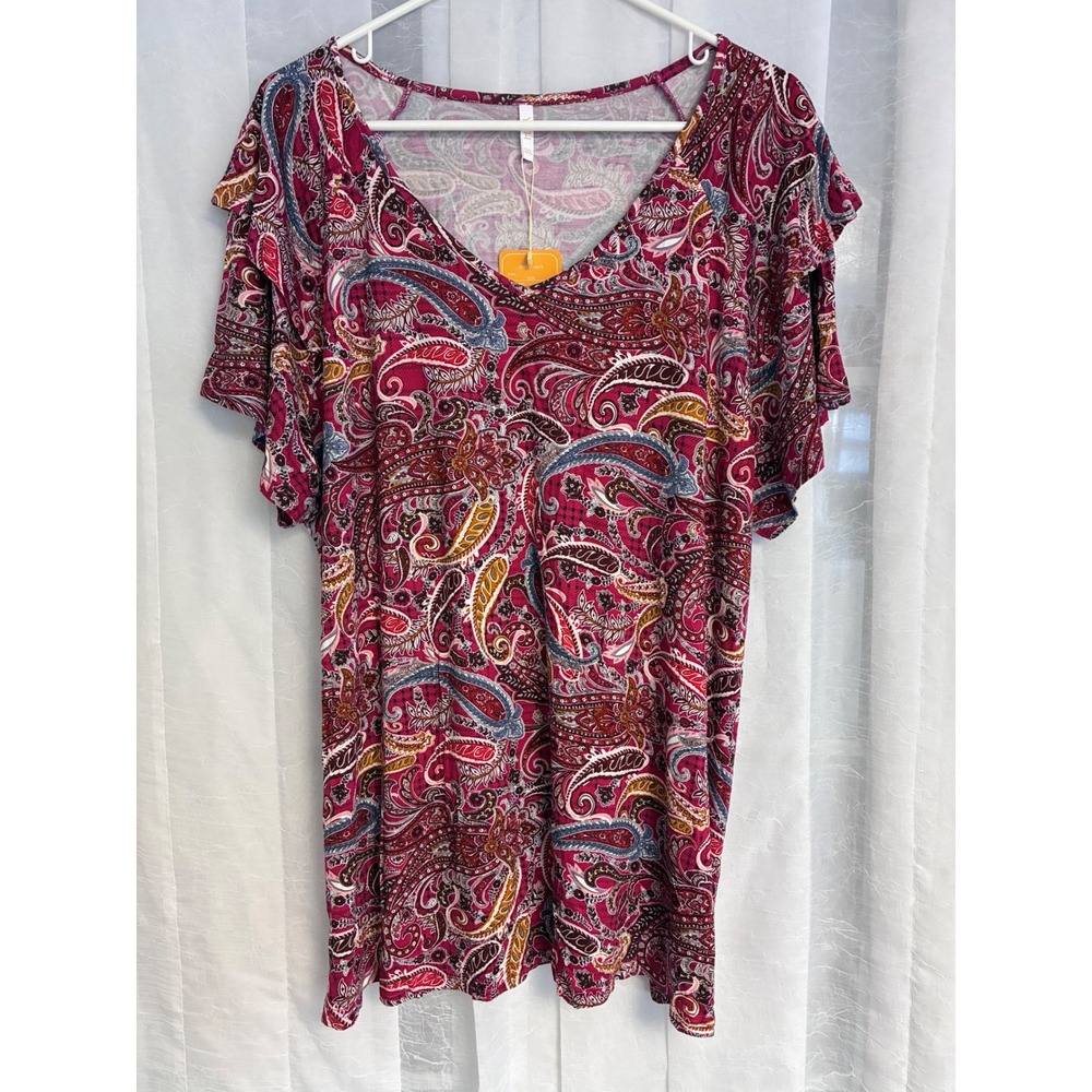YVH Womens 3XL Paisley V-Neck Short Sleeve Tunic‎ Top Burgundy Multicolor New